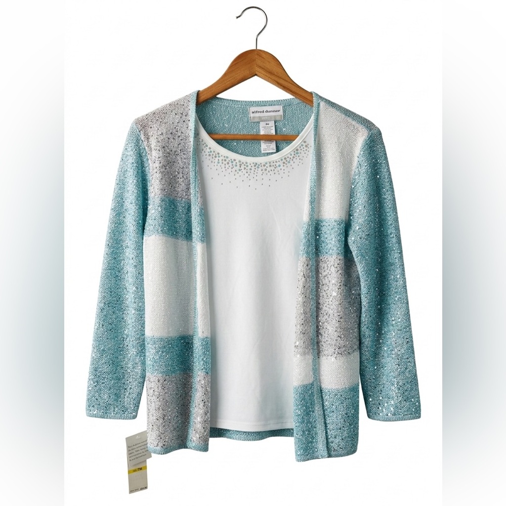 NWT• Alfred Dunner Petite Versailles Mock Layered Sequin Top Blue White PM